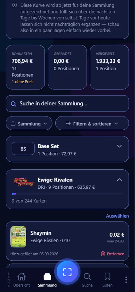 Die Sammlung in SCNDX: eigene Ordner mit Mengen und Set-Fortschritt.